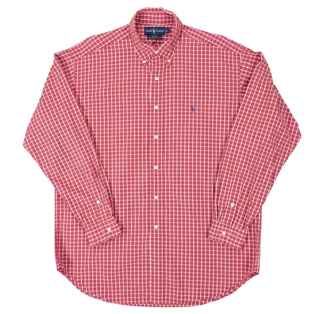 VTG Polo Ralph Lauren 90s Blake Two Ply Cotton Mens L Red White Plaid Shirt